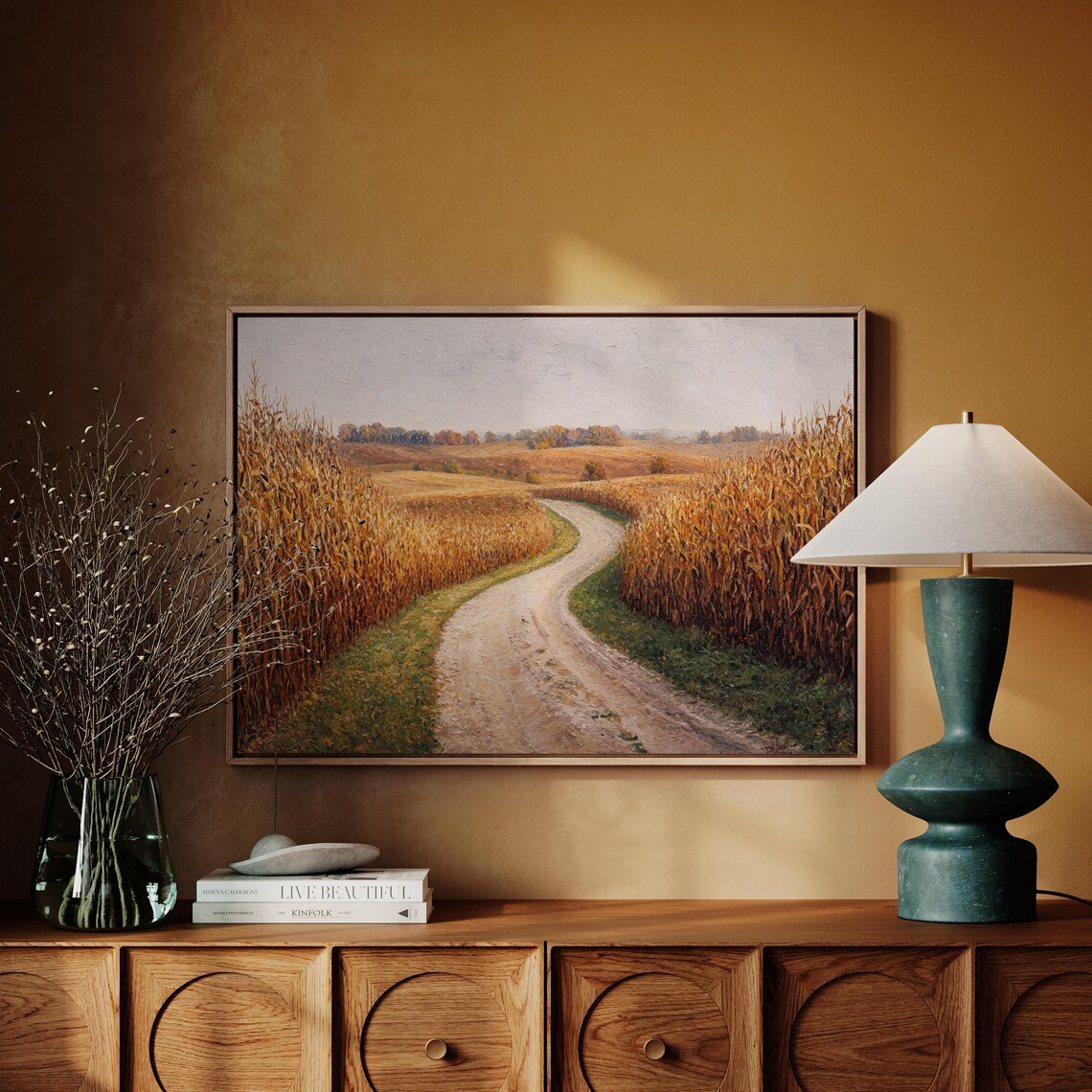 Autumn Cornfield Country Road Golden Harvest Painting Wall Print