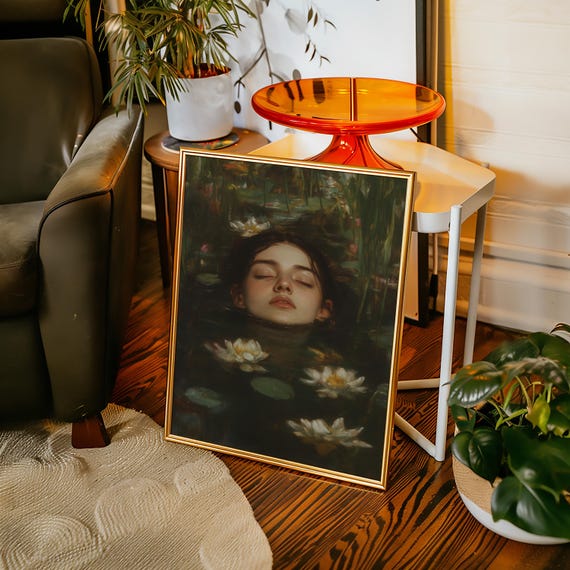 Serene Woman Floating Among Water Lilies Dreamy Moody Floral Portrait Canvas Wall Art In Oil Painting Style