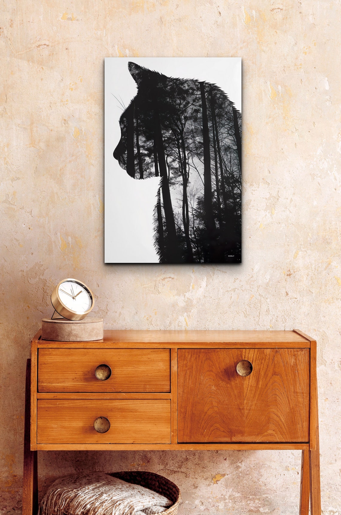 Double Exposure Cat Silhouette Forest Trees Monochrome Poster - Image 3