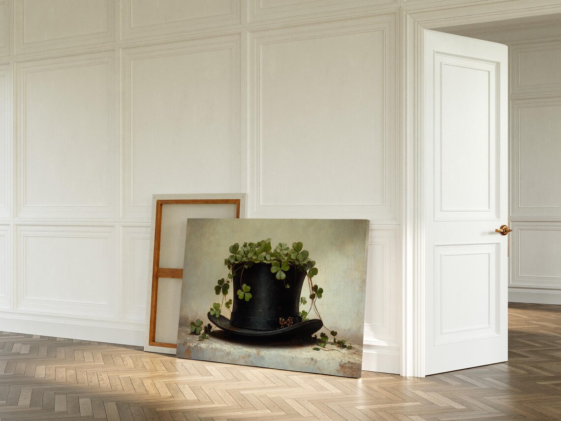 Clover Sprouting From Black Top Hat Vintage Still Life Wall Art - Image 6