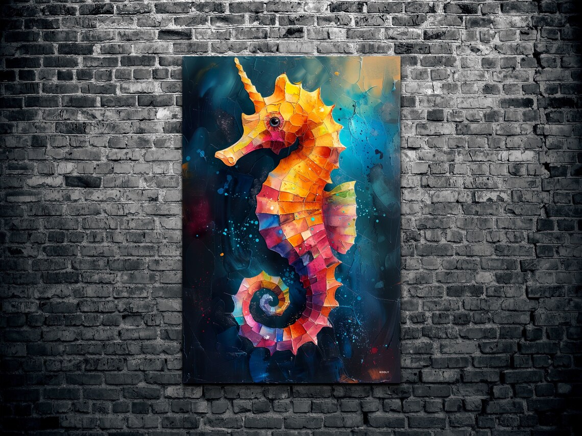 Colorful Mosaic Seahorse Orange Pink Dark Teal Ocean Art Poster - Image 2