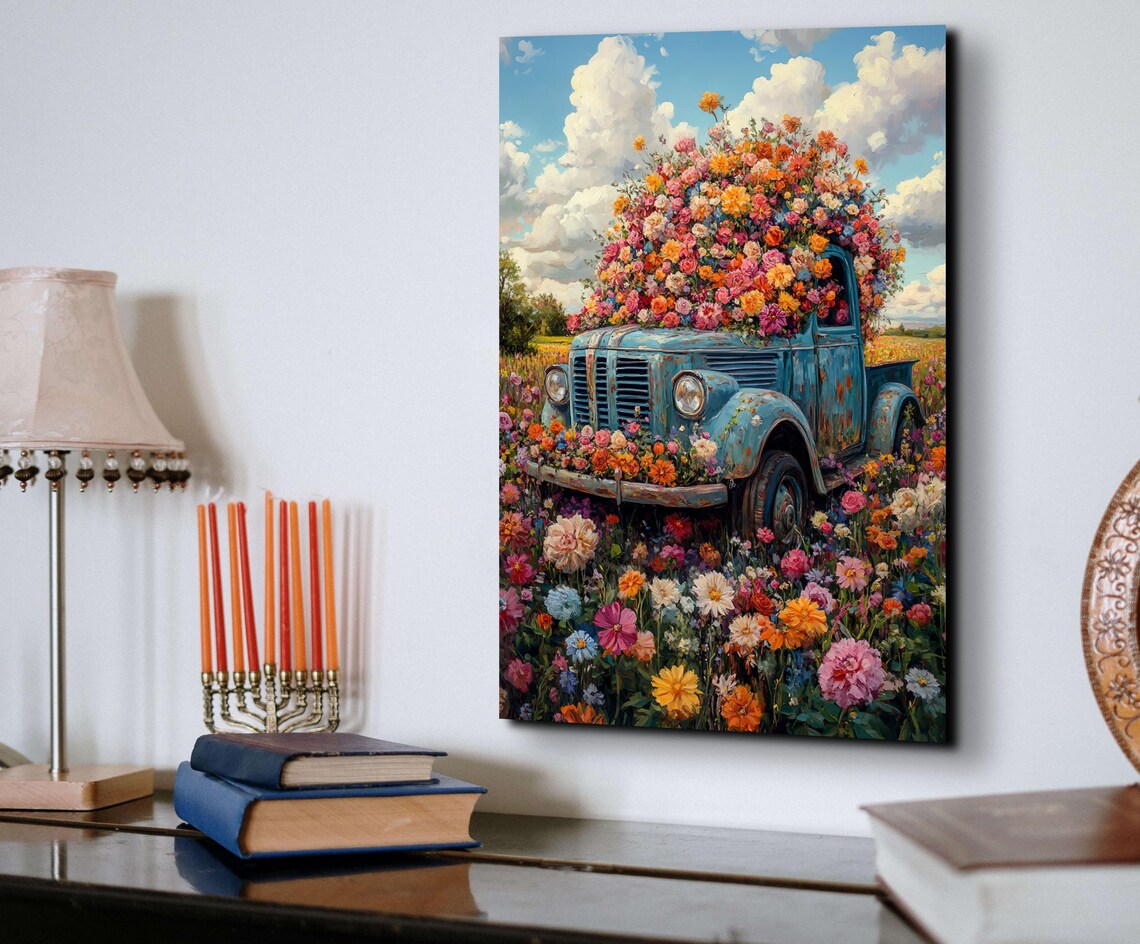 Vintage Blue Truck Overflowing With Wildflowers Spring Art Poster - Image 6