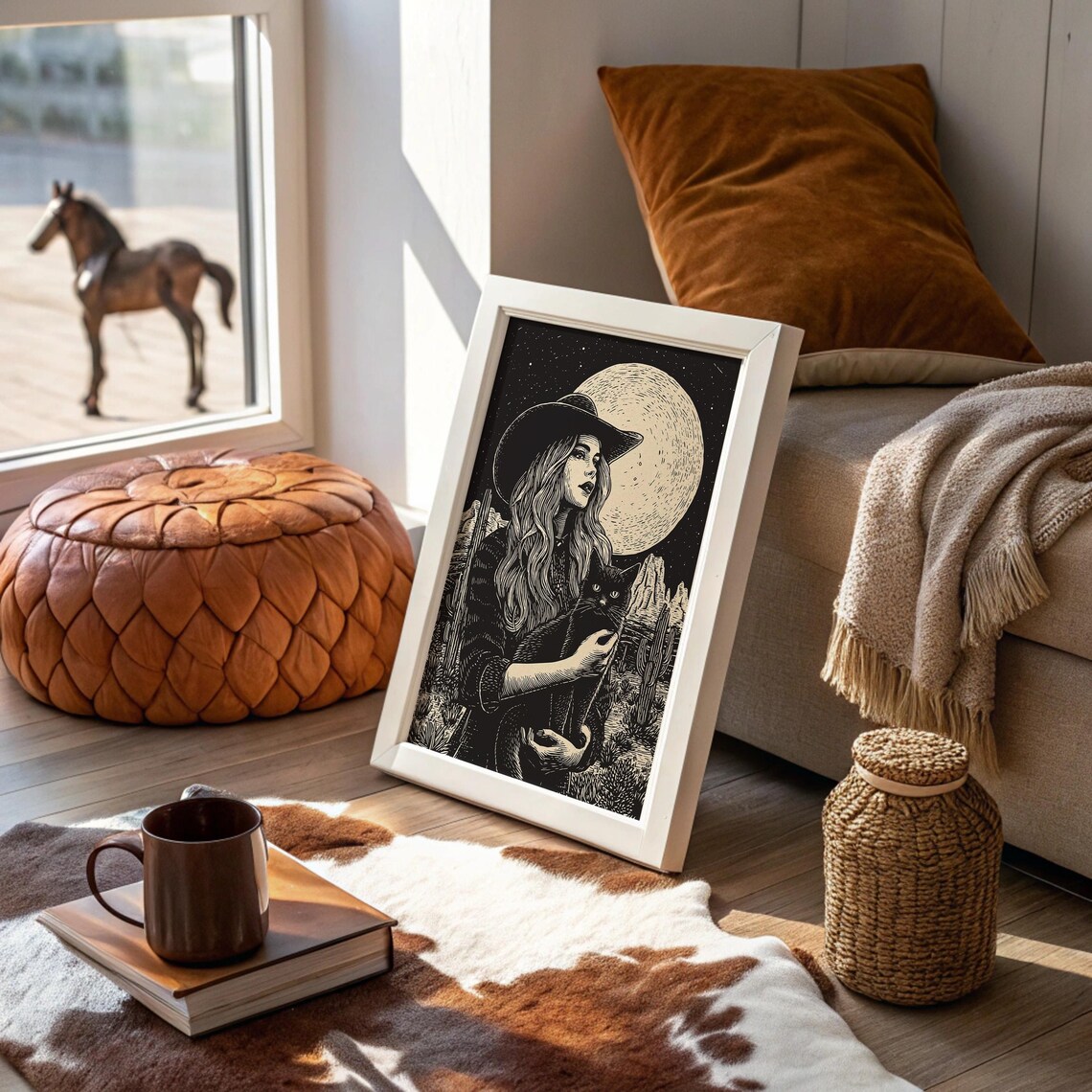 Vintage Moonlit Cowgirl With Black Cat Desert Engraving Poster