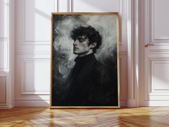 Dark Romantic Male Wall Art Moody Gothic Portrait Of Man With Closed Eyes Victorian Style Print For Brooding Vampire Or Noir Decor
