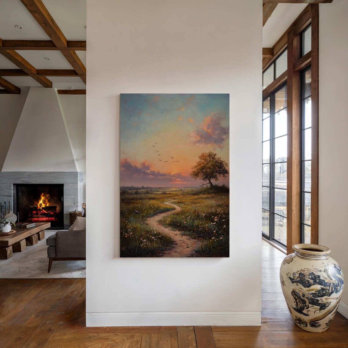Golden Sunset Pathway With Wildflowers, Landscape Art - Image 4