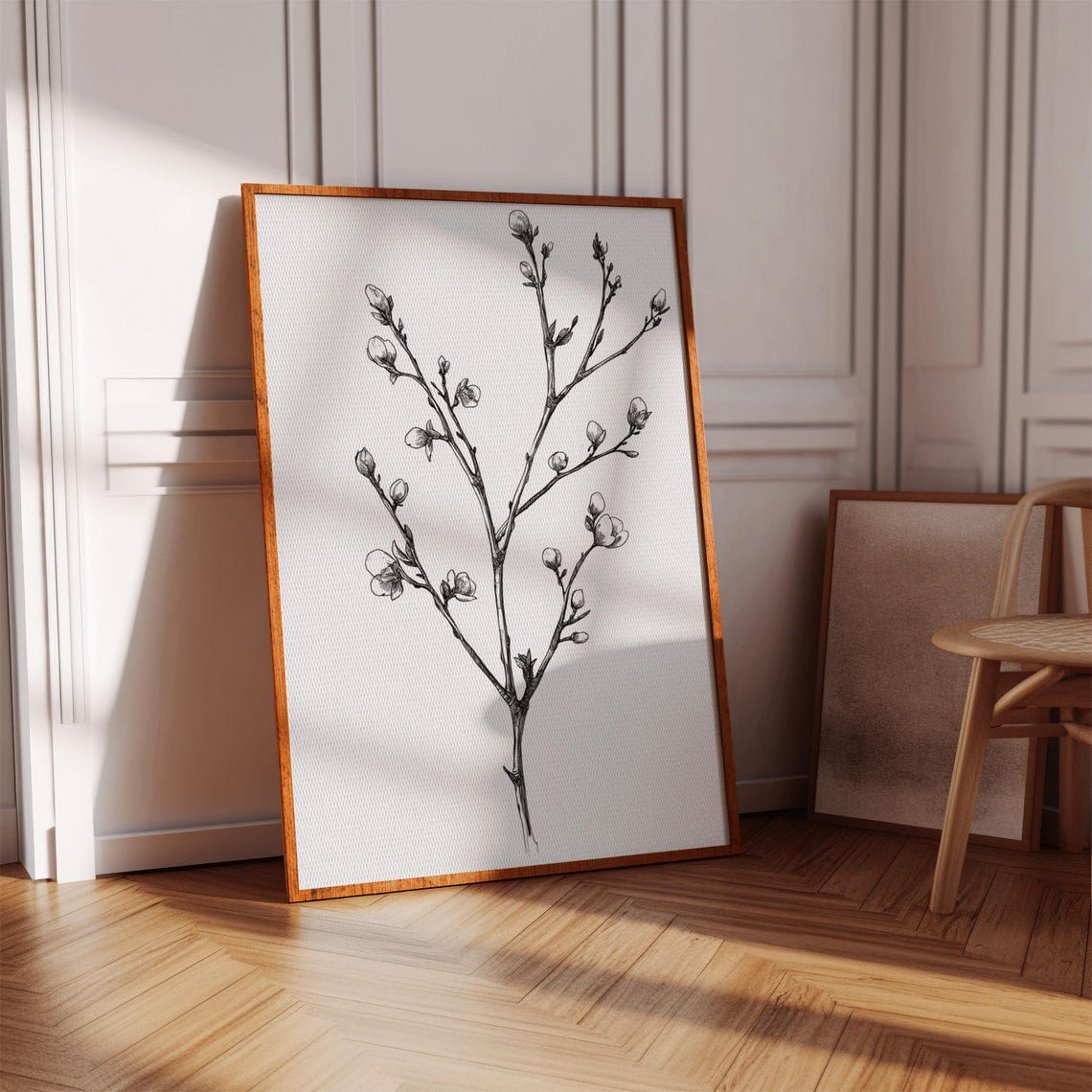 Delicate Flowering Branch Ink Sketch Minimalist Framed Poster