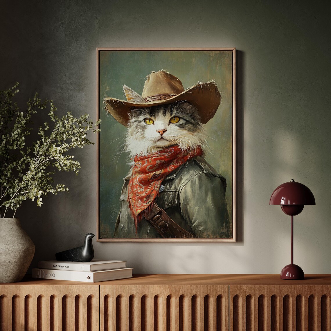 Cowboy Cat Wearing Tan Hat And Red Bandana Funny Western Wall Art - Image 4