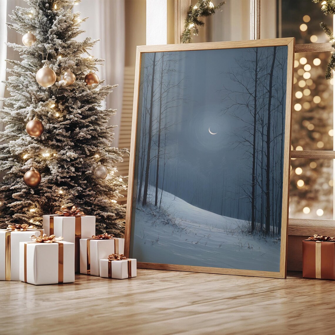 Crescent Moon Over Snowy Winter Forest Art Print