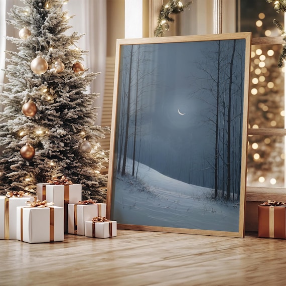 Crescent Moon Over Snowy Winter Forest Art Print