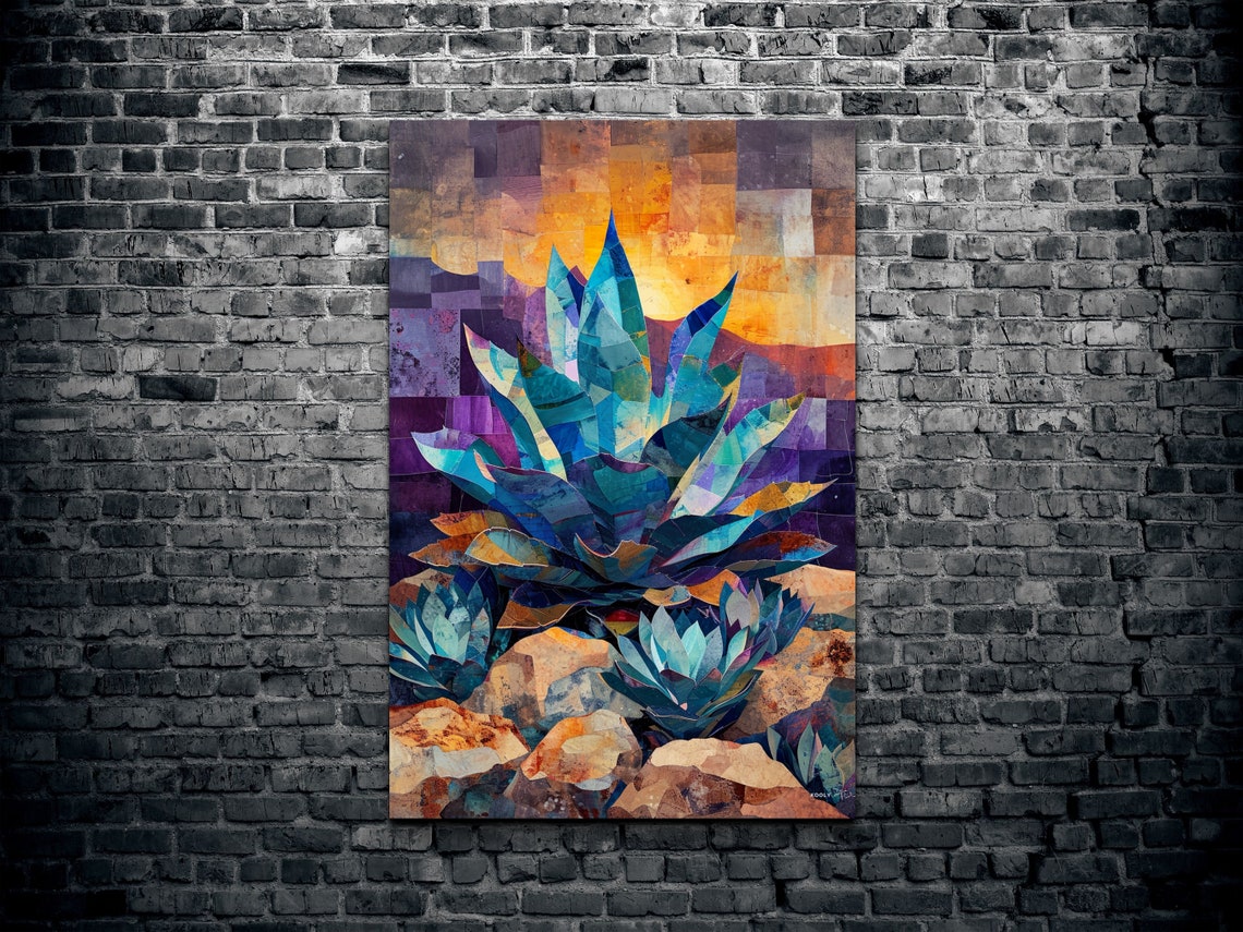 Blue Agave Abstract Patchwork Painting Purple Sunset Desert Poster - Image 2