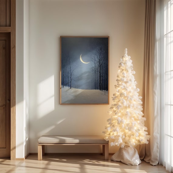 Glowing Crescent Moon Over Snowy Forest