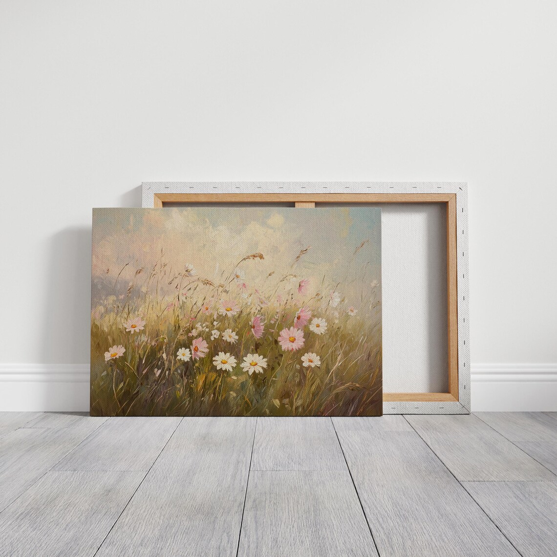 Pink Cosmos And White Daisies In Golden Meadow Light Wall Art - Image 3