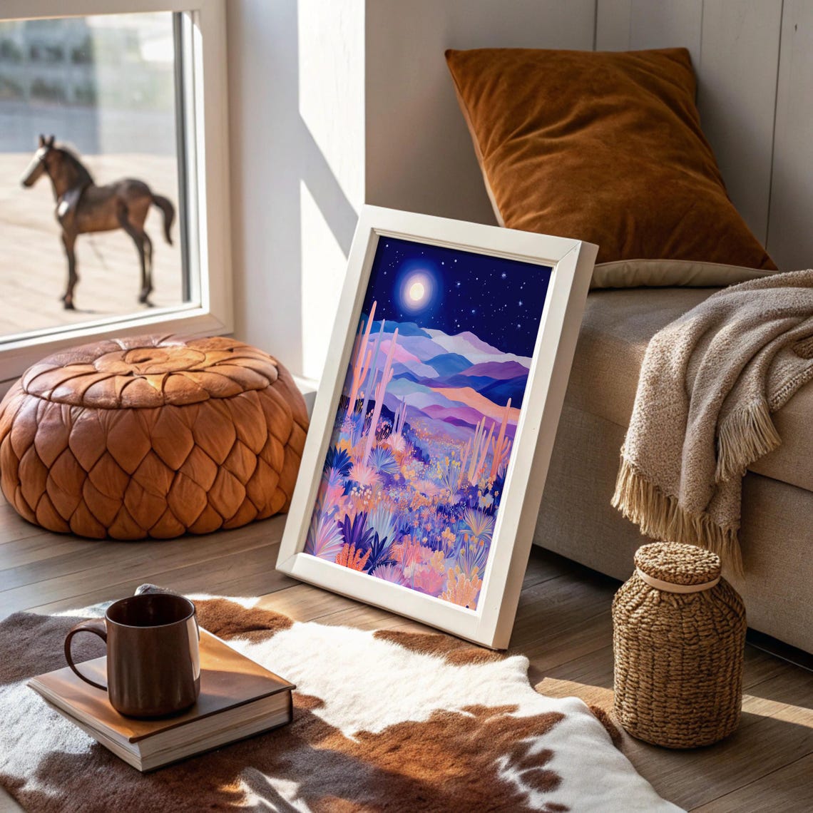 Desert Moonlight Landscape Purple Cactus Full Moon Night Poster