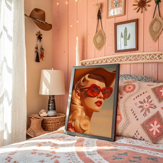Retro Blonde Cowgirl With Red Heart Sunglasses Vintage Poster