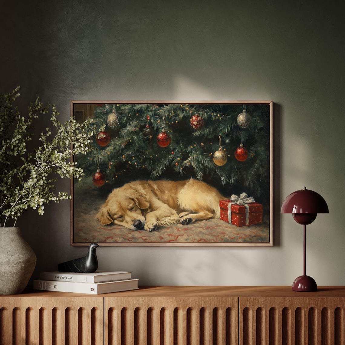 Golden Retriever Sleeping Under Decorated Christmas Tree Poster
