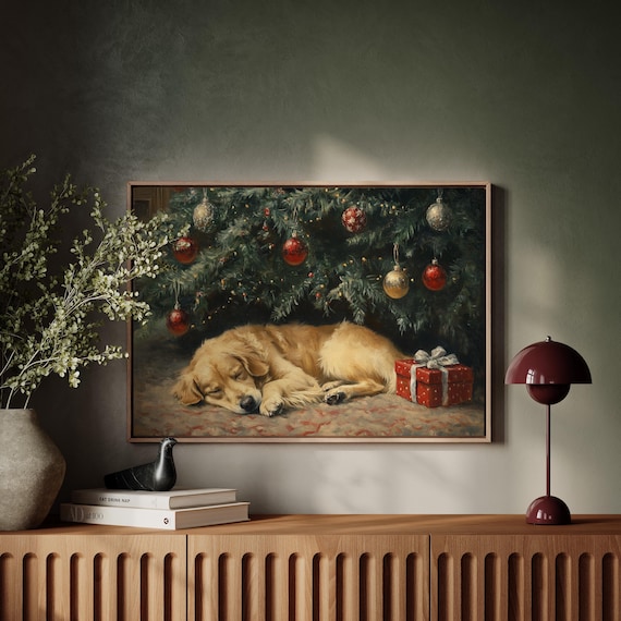 Golden Retriever Sleeping Under Decorated Christmas Tree Poster