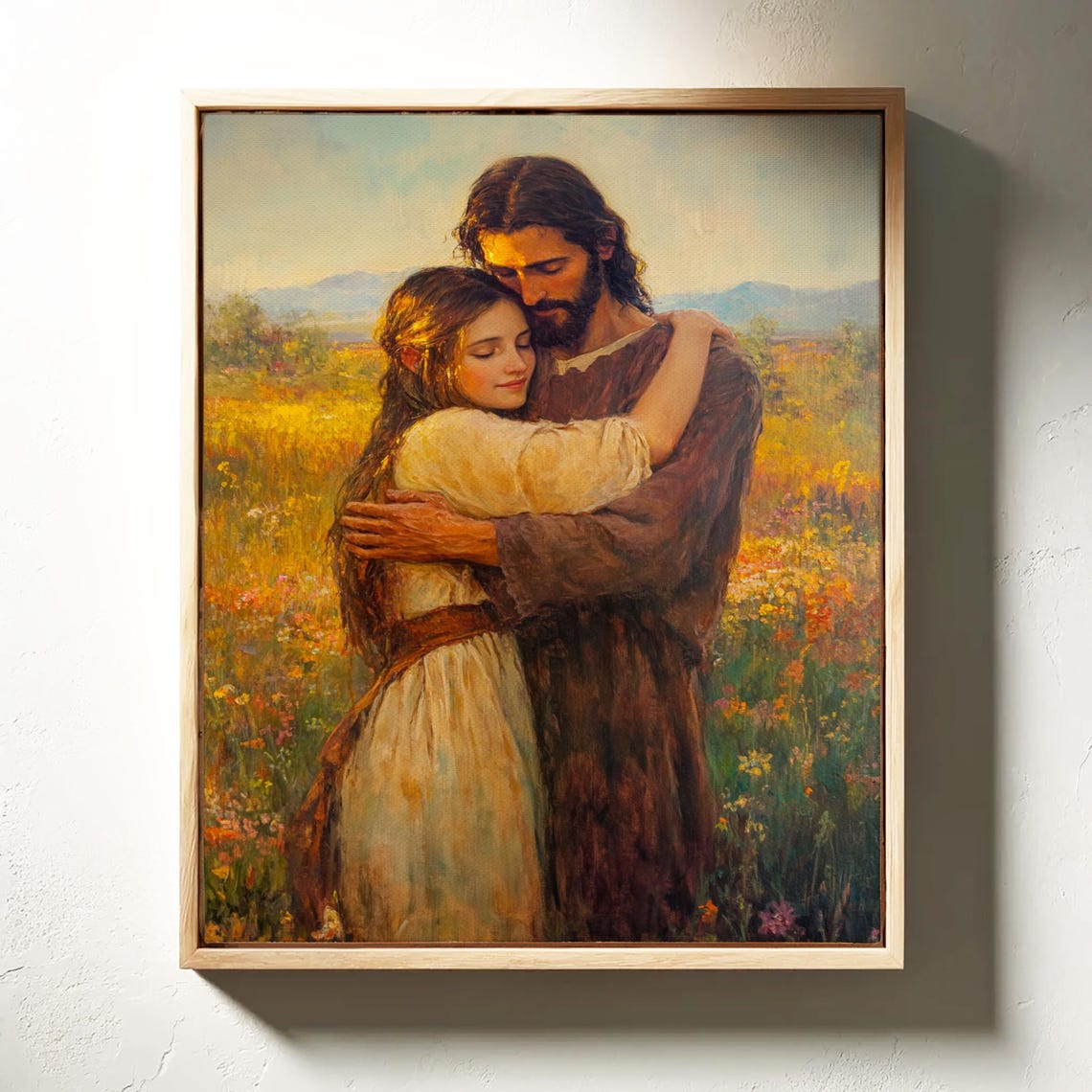 Jesus Embracing A Woman In A Field Of Flowers Heartfelt Christian Art Spiritual Wall Decor For Faithful Inspiration - Image 3