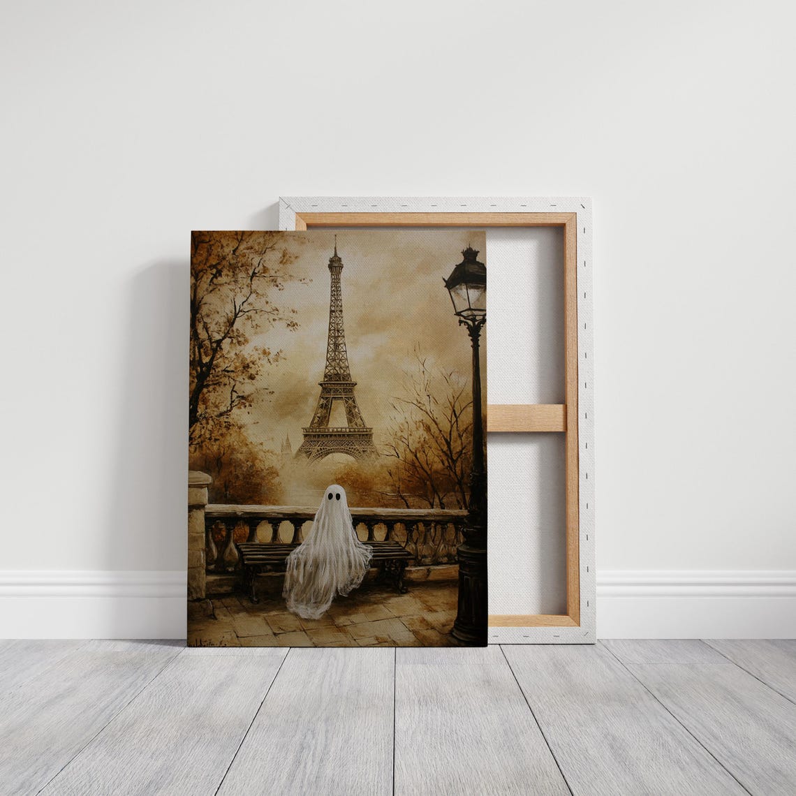 Cute Ghost With Eiffel Tower Paris Autumn Spooky Vintage Wall Art - Image 2