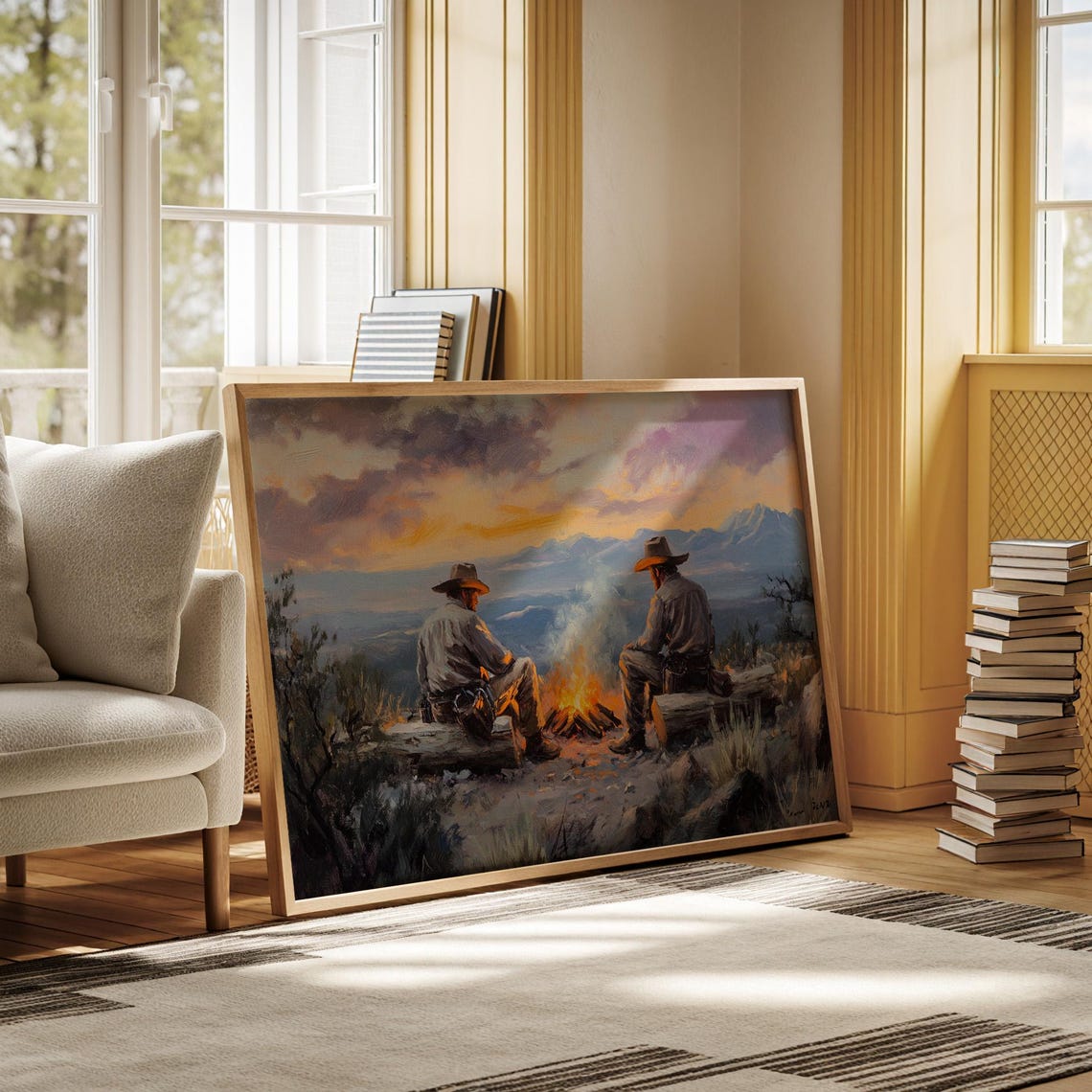 Cowboy Campfire Sunset Western Wall Art Rustic Ranch Decor Wild West Print Country Farmhouse Painting Cowboy Artwork
