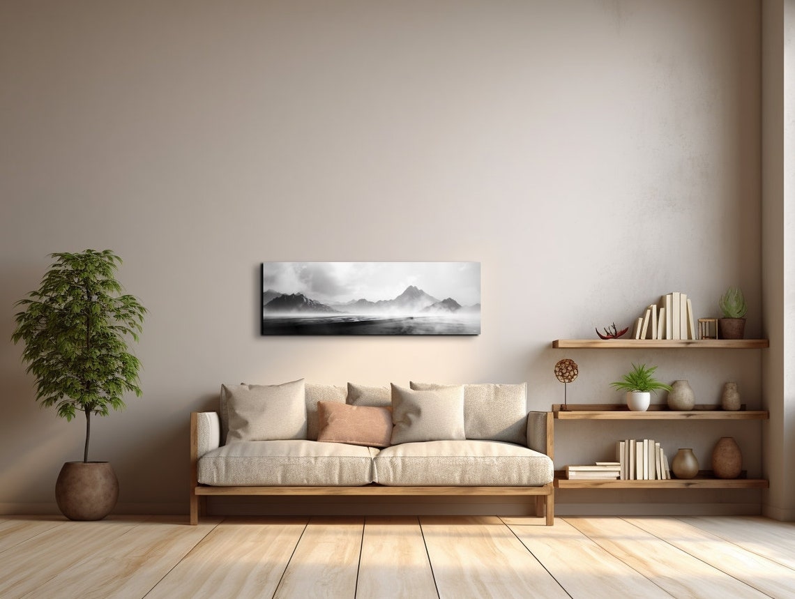 Black And White Moody Misty Mountains Over Still Water Poster - Image 6