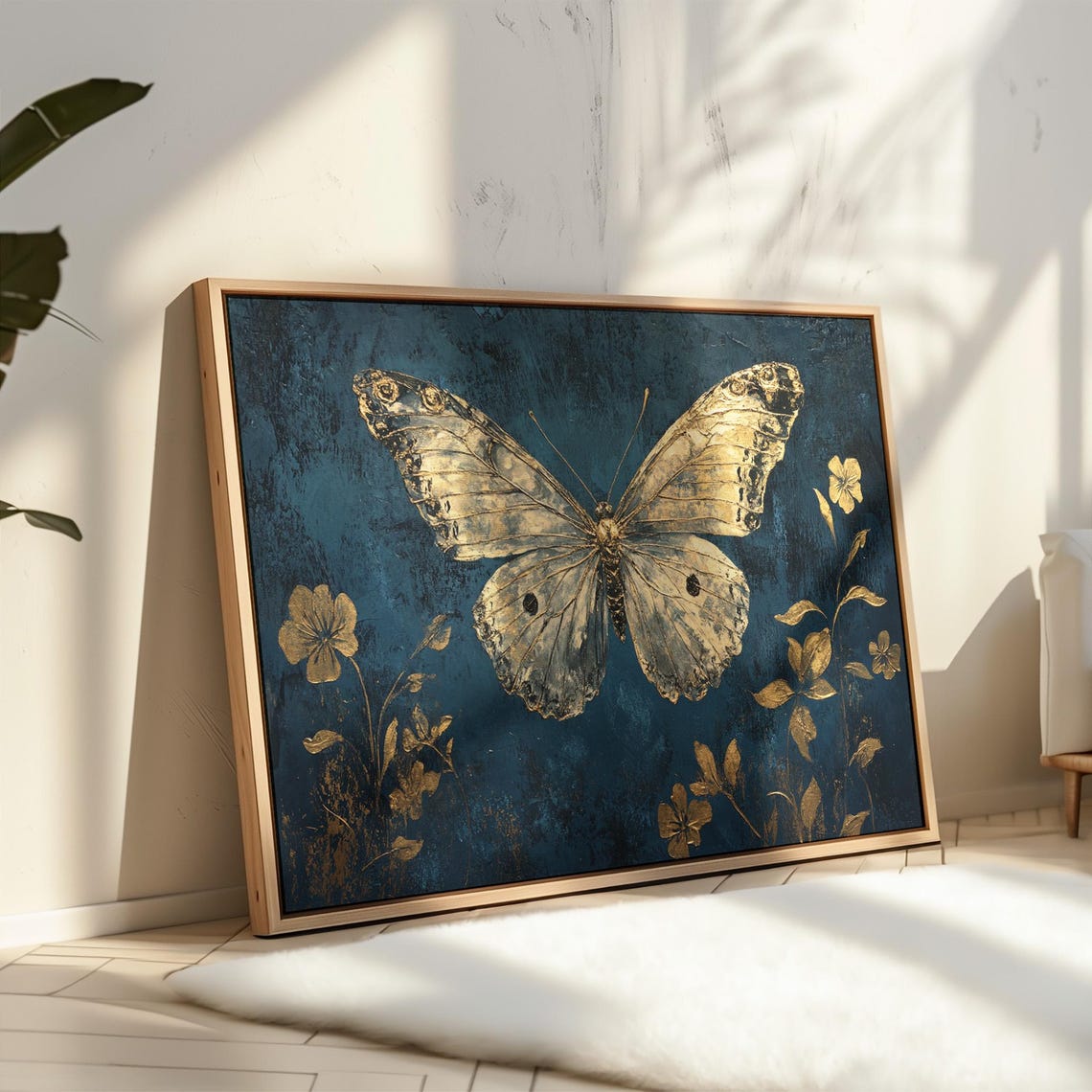 Antique Gold Butterfly Navy Blue Floral Vintage Wall Decor Poster