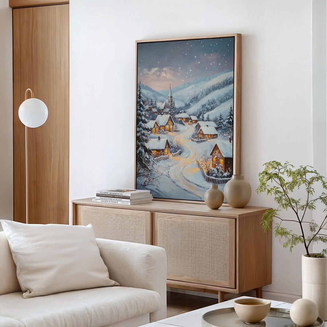 Snowy Village at Dusk With Church Glowing Windows Winter Night Poster - Image 5