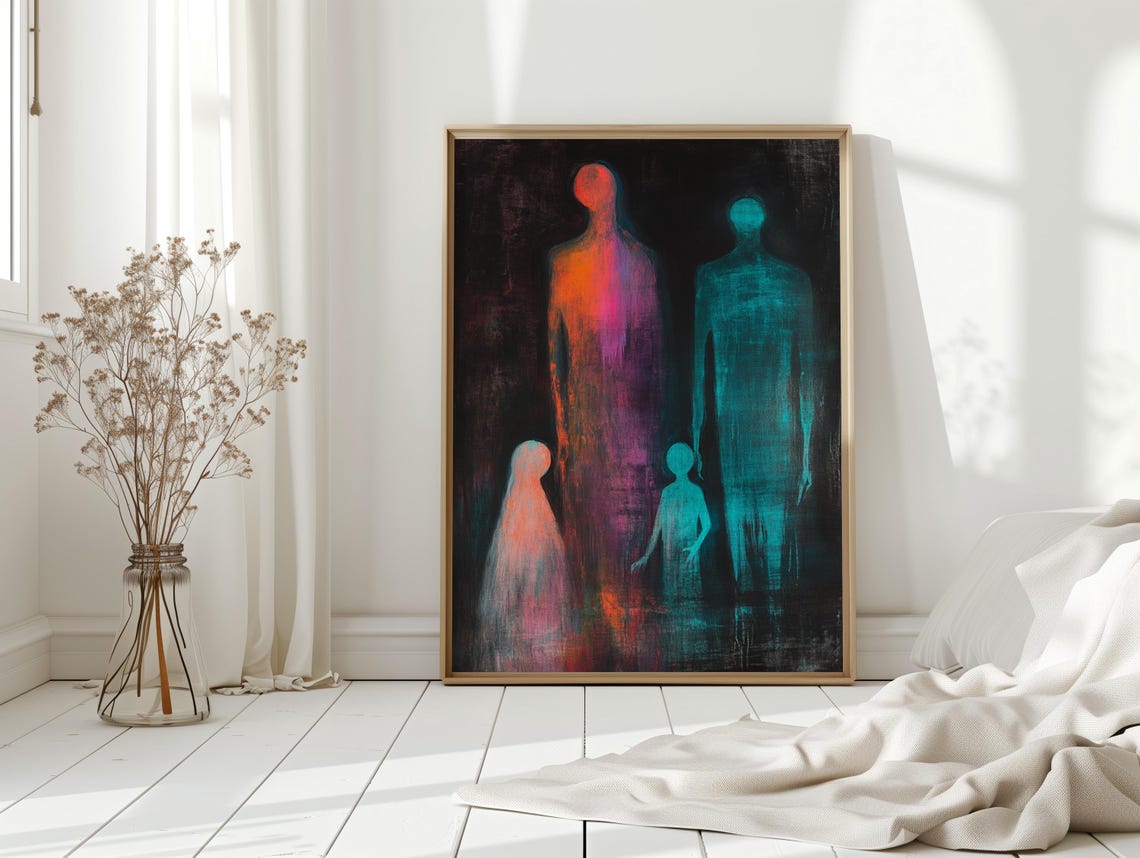 Neon Family Silhouettes Abstract Colorful Figures On Black Poster