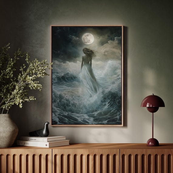 Moonlit Ocean Woman in White Dress, Coastal Art Print