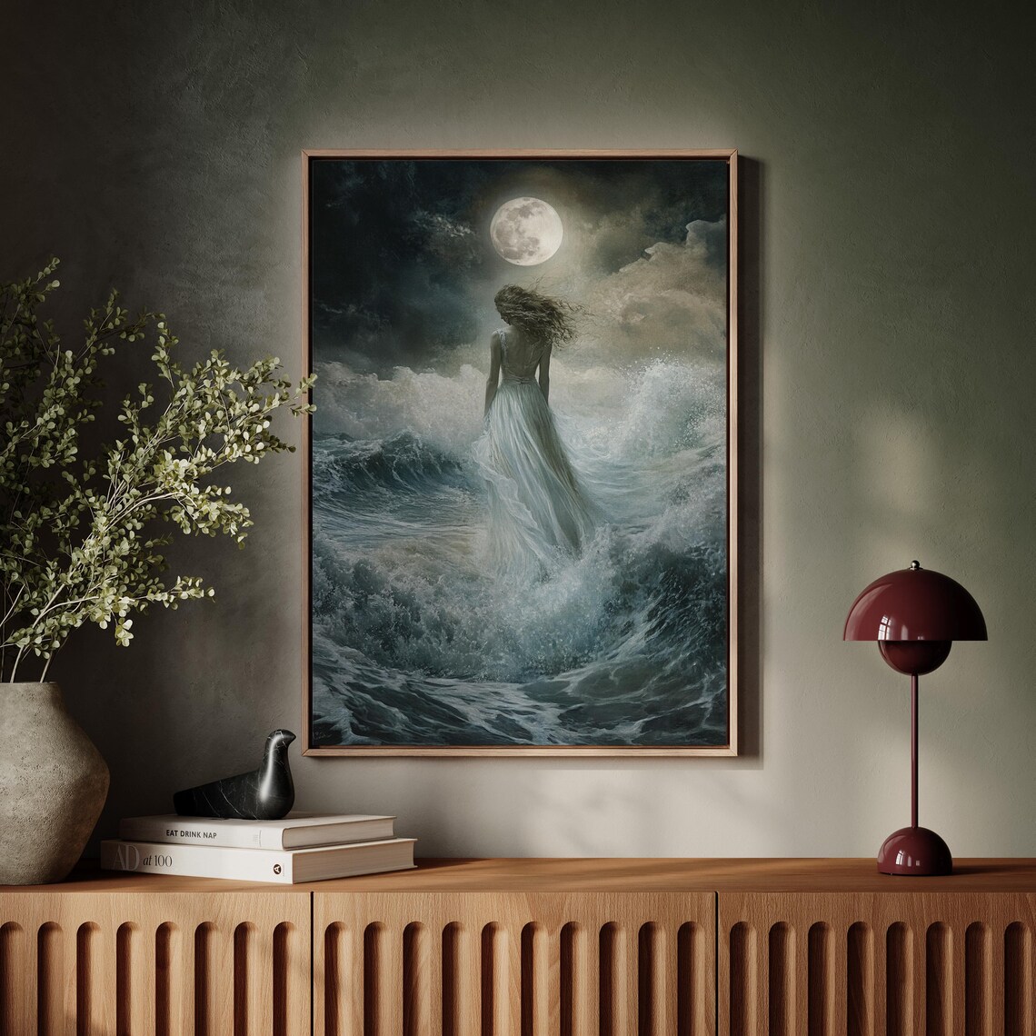 Moonlit Ocean Woman in White Dress, Coastal Art Print
