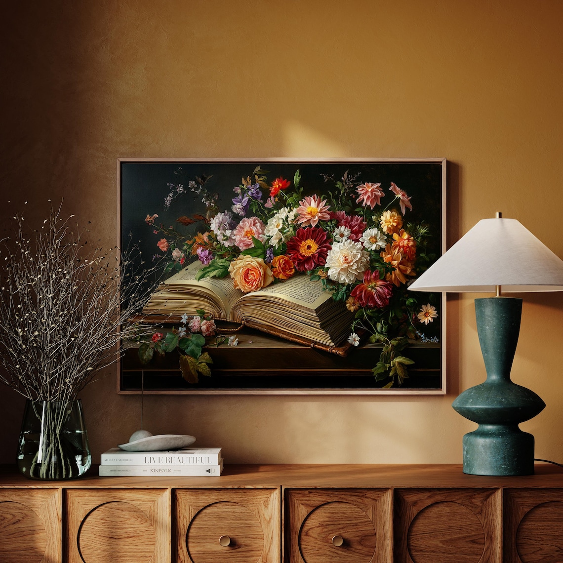 Vintage Floral Still Life With Open Book Romantic Botanical Art Poster
