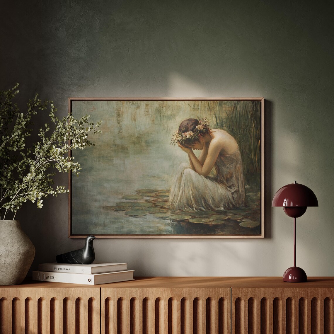 Melancholic Woman with Flower Crown Sitting Among Lily Pads Poster - Image 5
