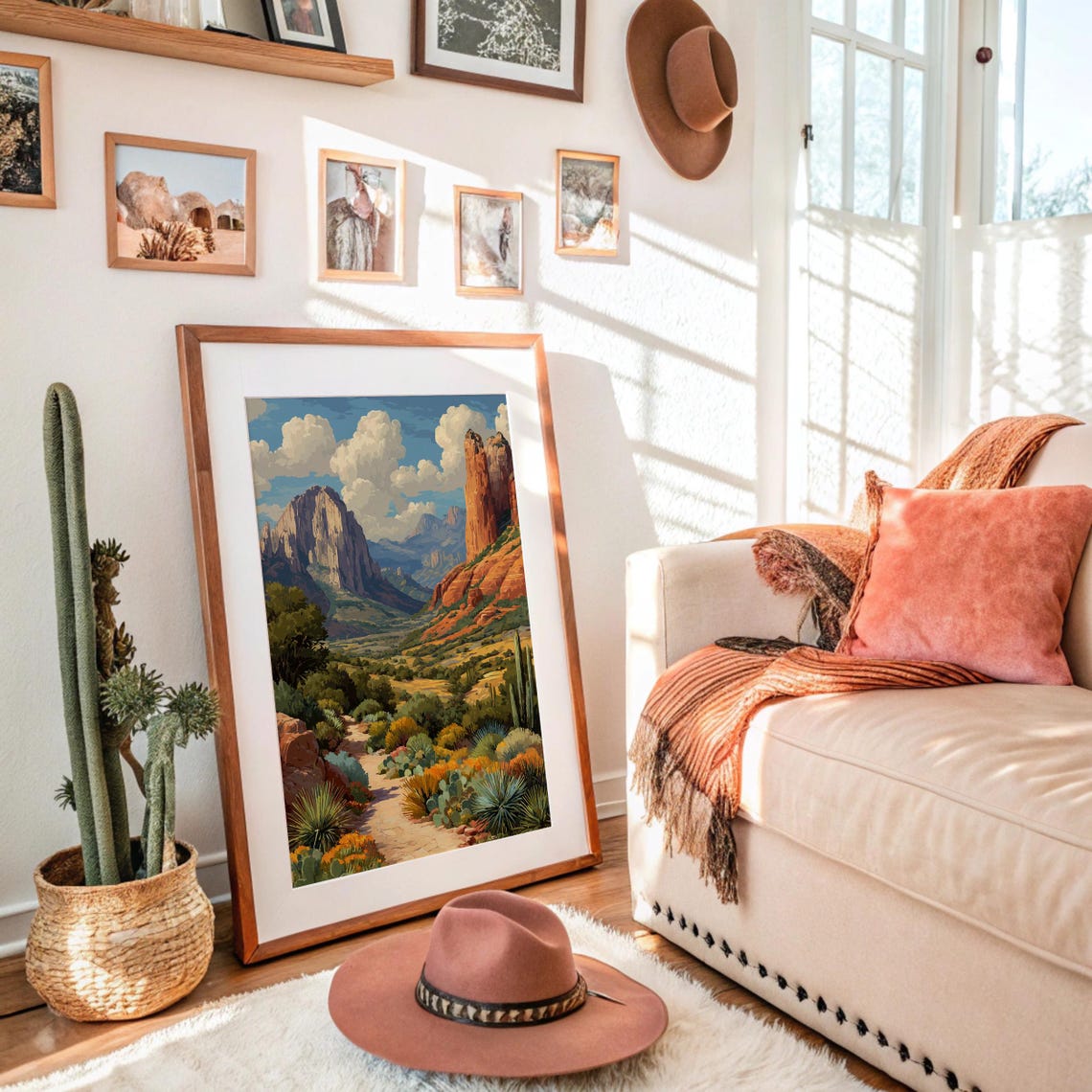 Desert Canyon Landscape Red Rocks Cactus Wildflowers Art Poster
