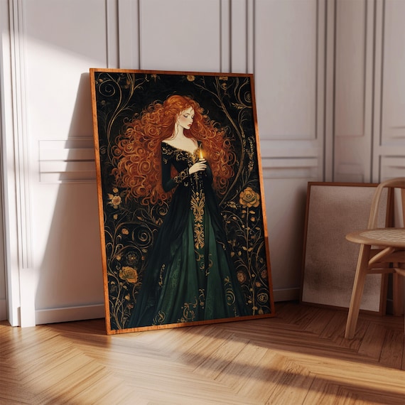 Redhead Witch Candle Dark Floral Gothic Enchanted Woman Portrait Poster