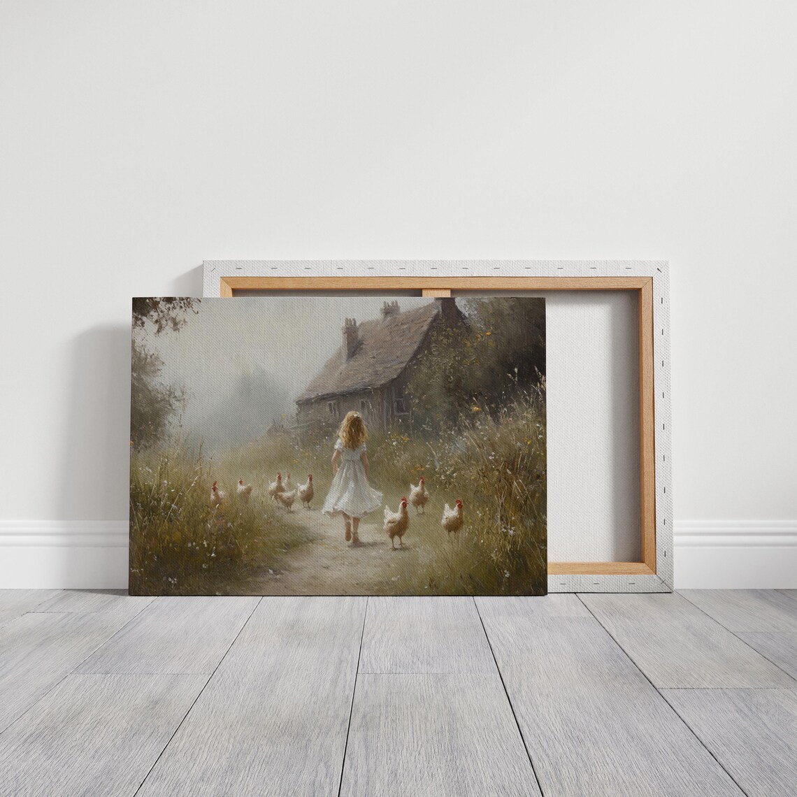 Farmhouse Girl With Chickens Art Print, Rustic Pastoral Scene - Image 3