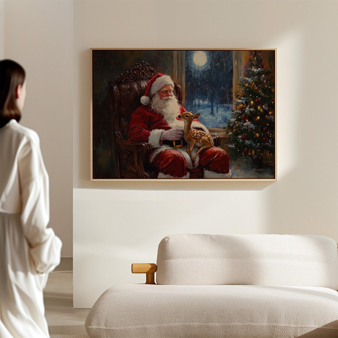 Santa Claus Holding A Baby Reindeer By A Moonlit Christmas Tree Poster - Image 6
