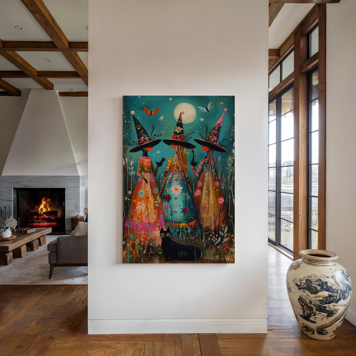 Whimsical Witches Under Full Moon Starry Night Black Cat Halloween Poster - Image 5