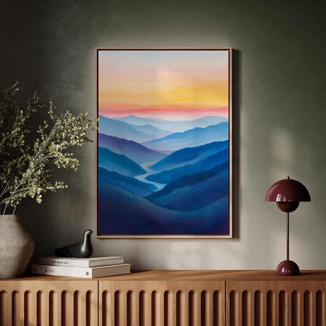 Abstract Mountain Landscape Serene River And Misty Hills At Sunrise Vibrant Sunset Wall Art - Image 2