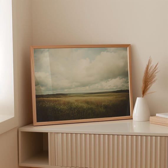 Rustic Countryside Landscape Rolling Fields Wall Art Vintage Farmhouse Decor Cloudy Sky Prairie Print Nature Wall Art