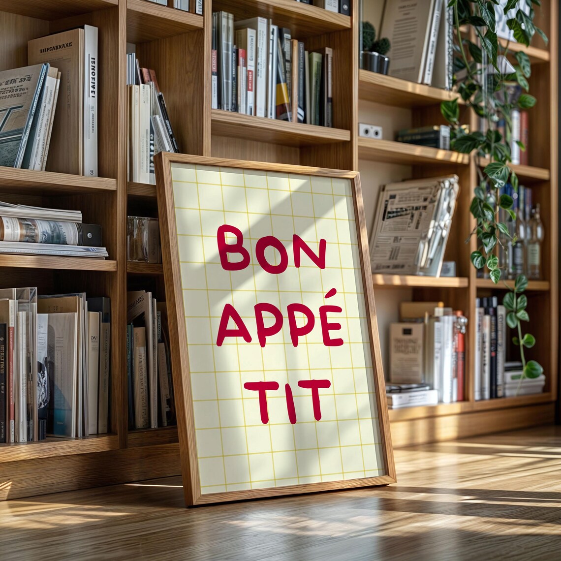 Bon Appetit Kitchen Poster With Bold Red Script On Yellow Grid Background
