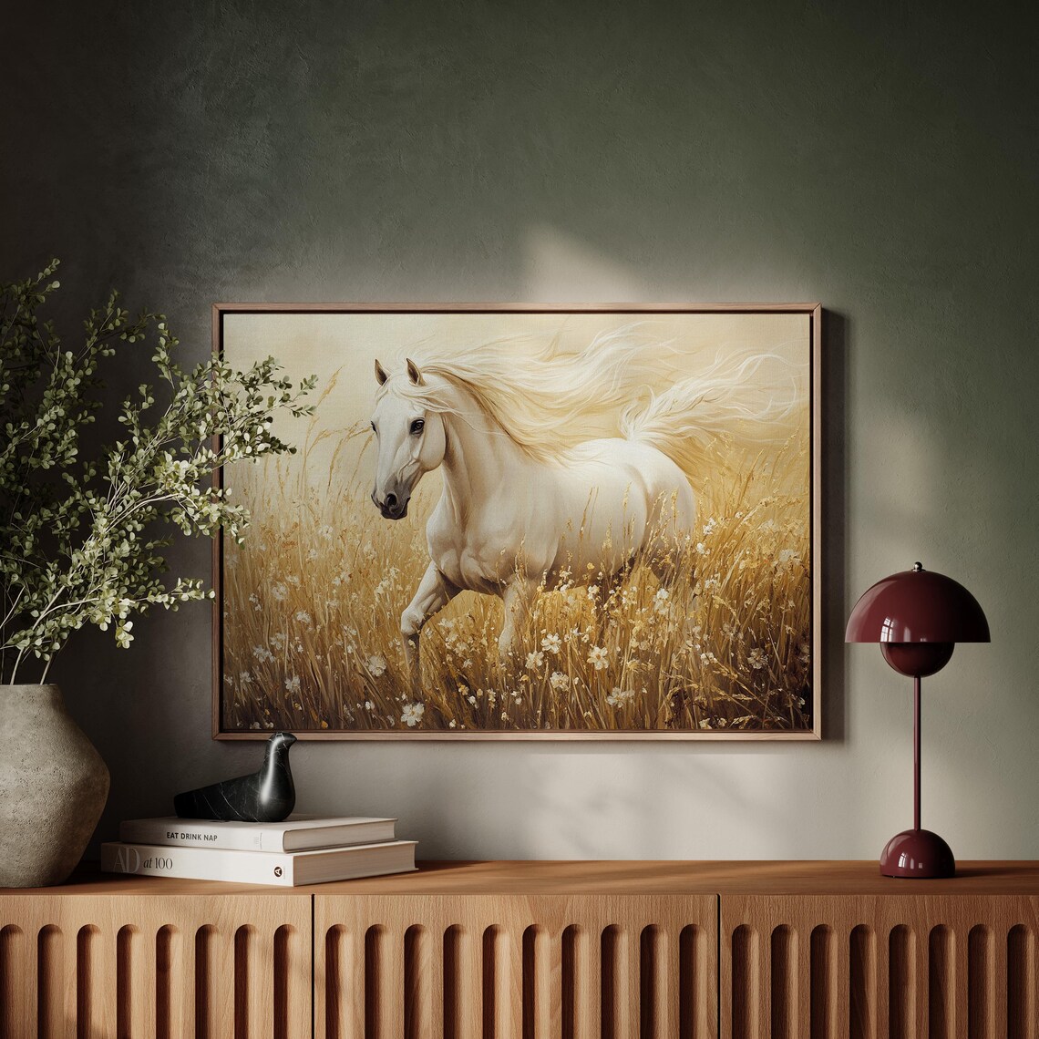 Running White Horse Golden Field Majestic Wild Equine Nature Poster