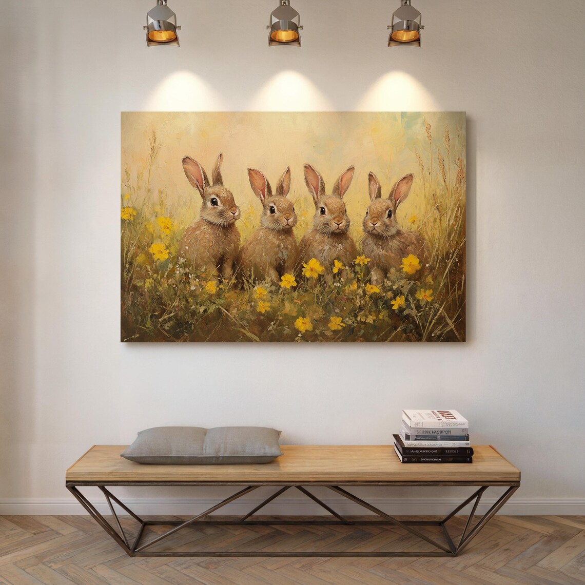 Adorable Rabbits In Meadow, Rustic Spring Art - Image 5