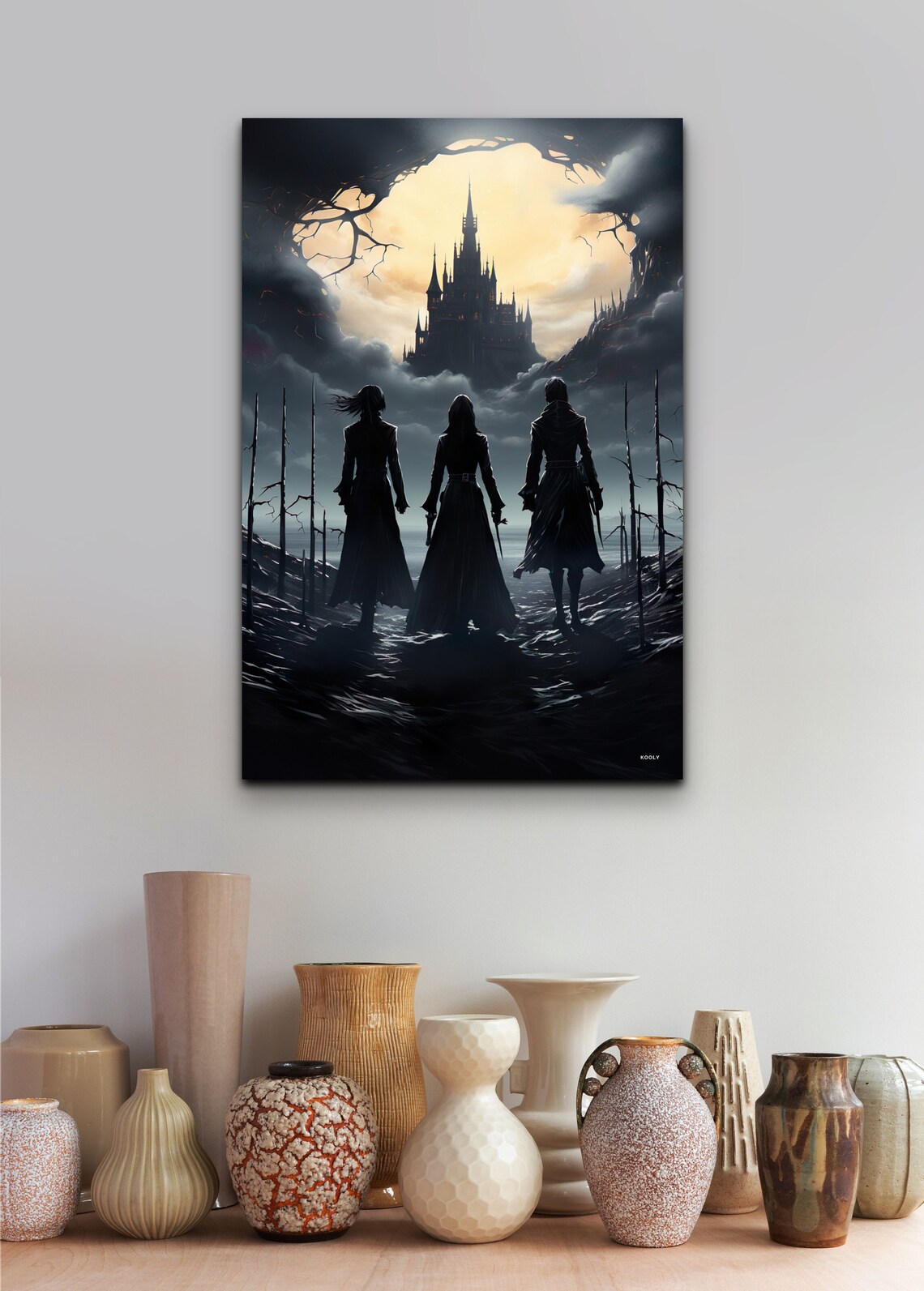 Gothic Castle Under the Full Moon with Three Silhouetted Travelers Poster - Image 5