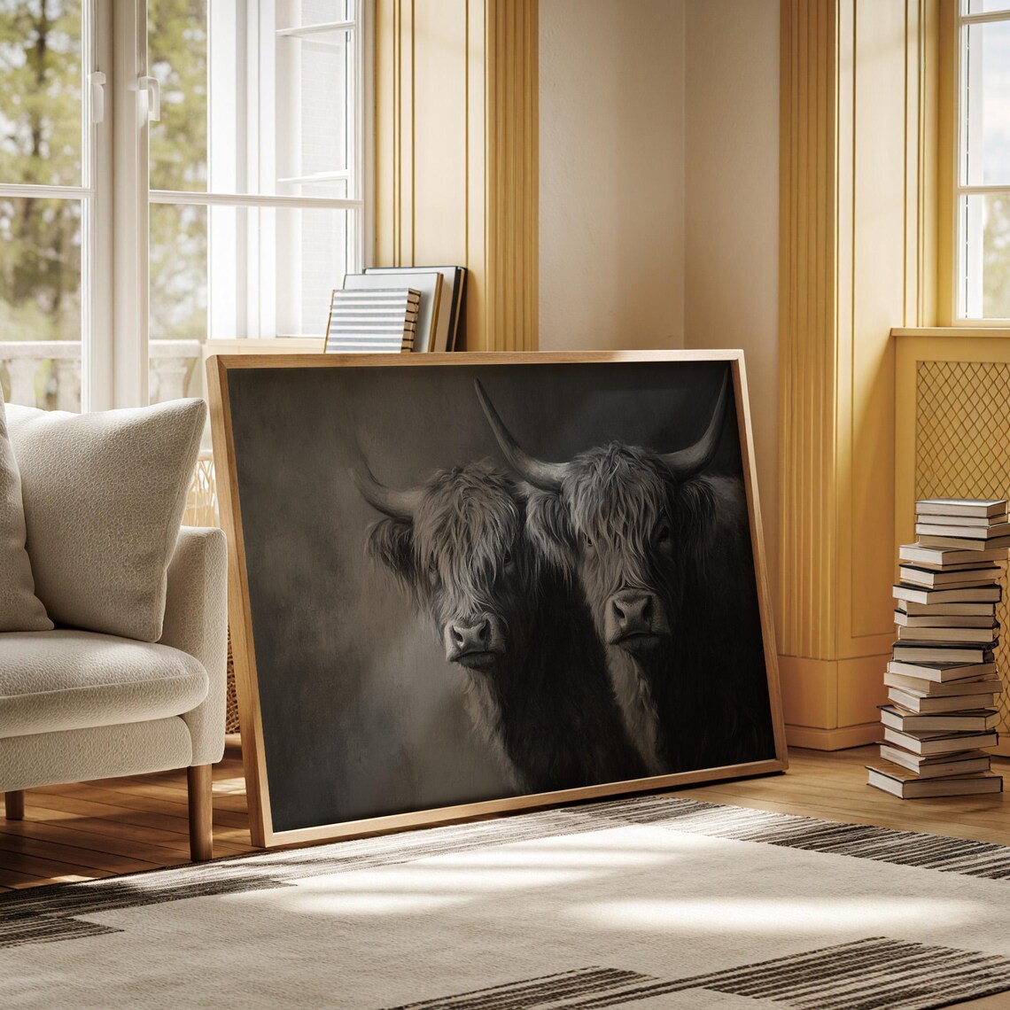 Highland Cows Pair Monochrome Black White Dramatic Portrait Poster - Image 6