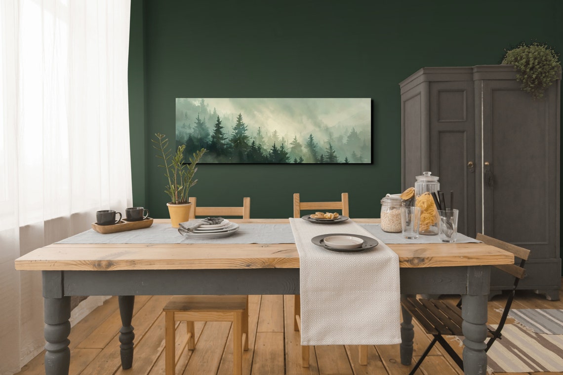 Morning Fog Rolling Over a Misty Pine Forest Panoramic Wall Art - Image 6
