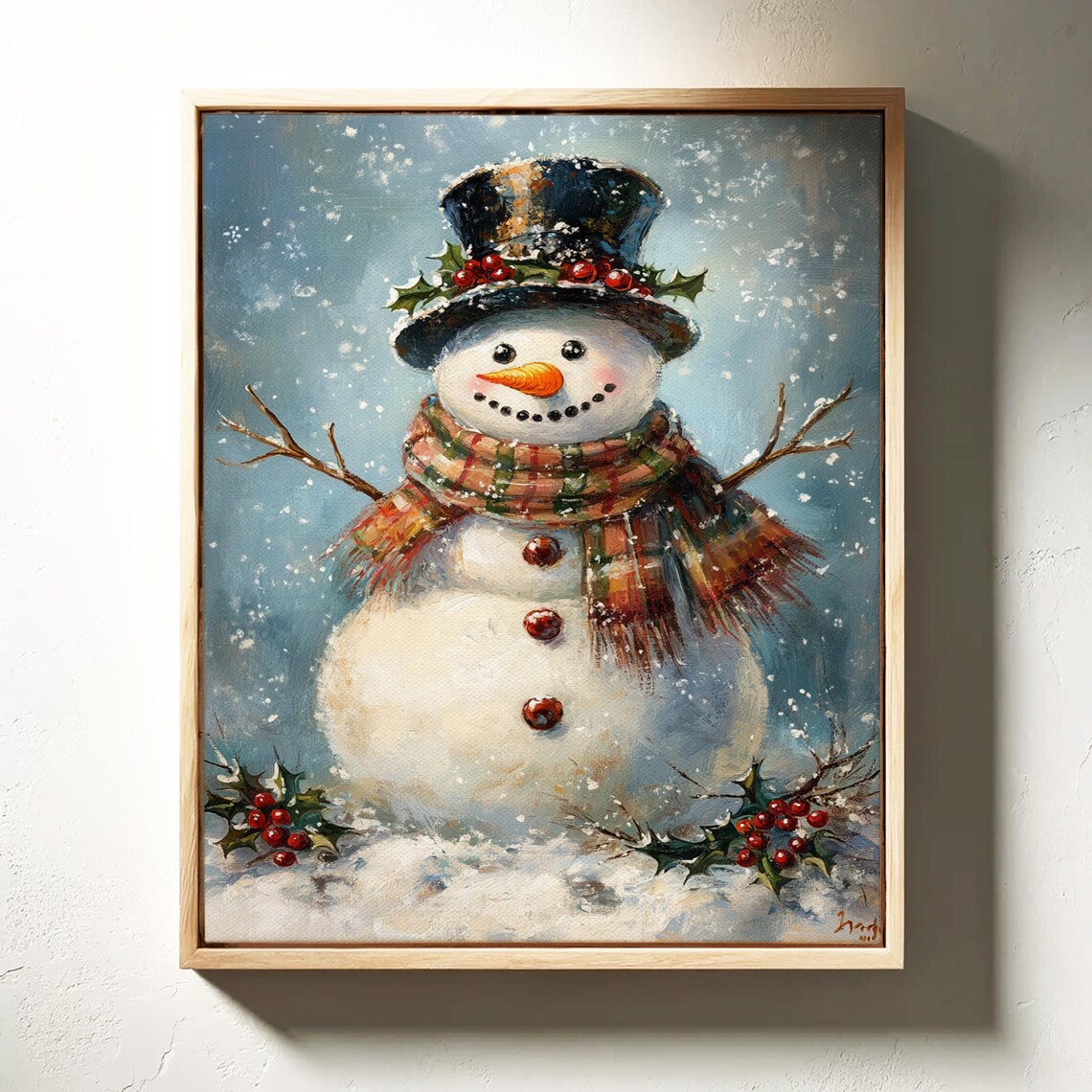 Cheerful Snowman With Top Hat Holly and Scarf Christmas Art Print - Image 4
