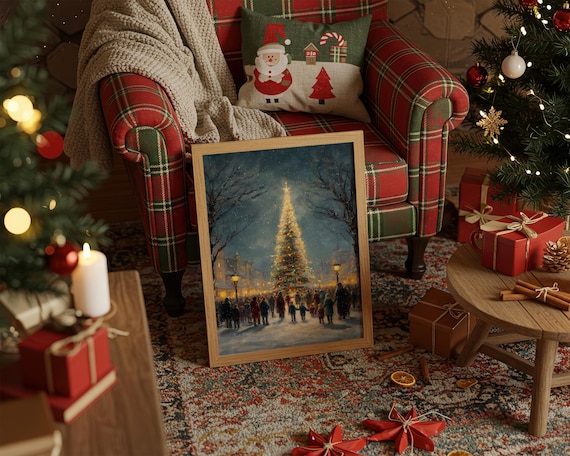 Crowd Around Glowing Christmas Tree Night Festive Town Poster