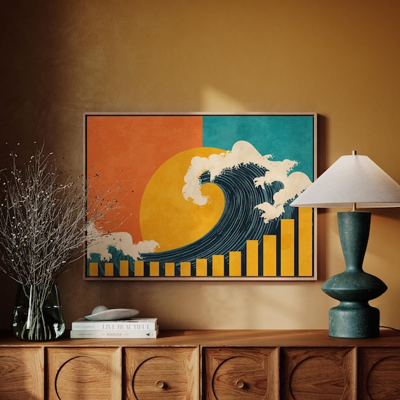Retro Great Wave Over Orange Bar Chart Sunburst Graphic Art Poster