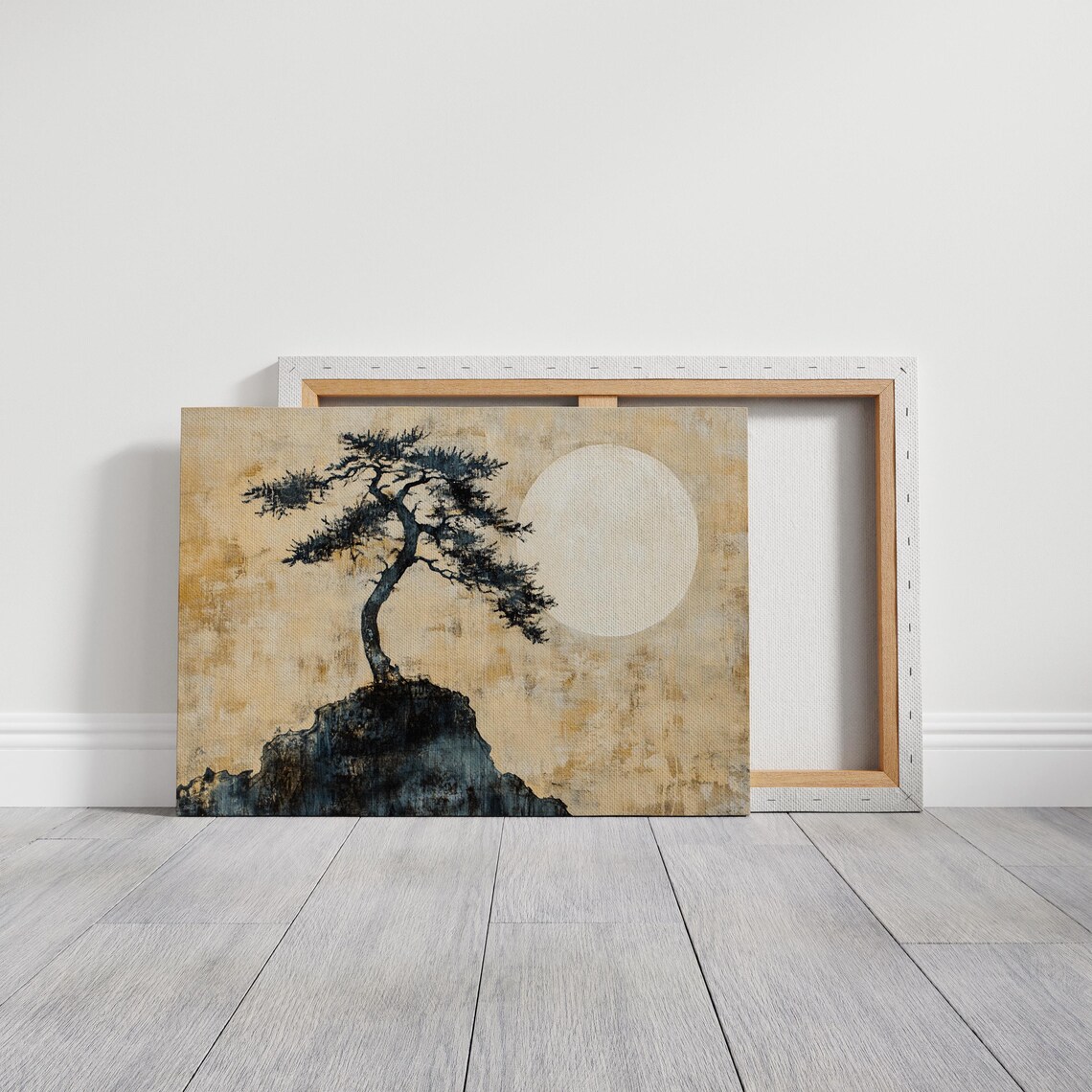 Japanese Ink Pine Tree Golden Full Moon Rock Zen Wall Poster - Image 2