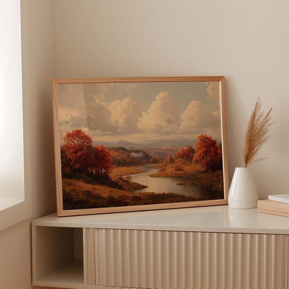 Golden Autumn River Landscape Canvas Wall Art Fall Foliage Painting With Mountains And Clouds Rustic Farmhouse Seasonal Decor