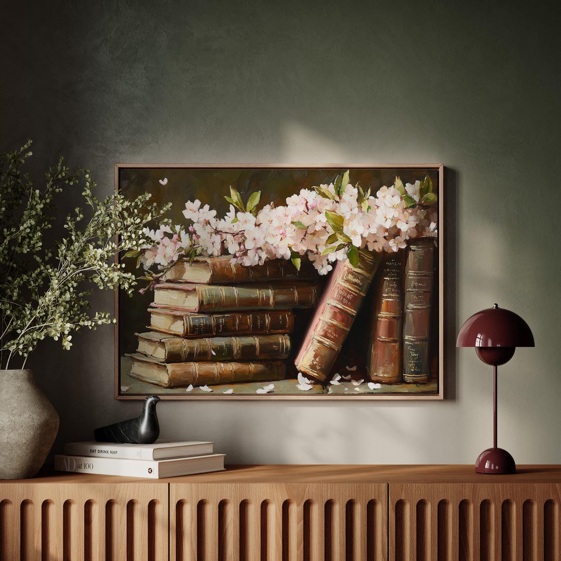 Antique Books Cherry Blossoms Stack Vintage Floral Library Art Poster - Image 4
